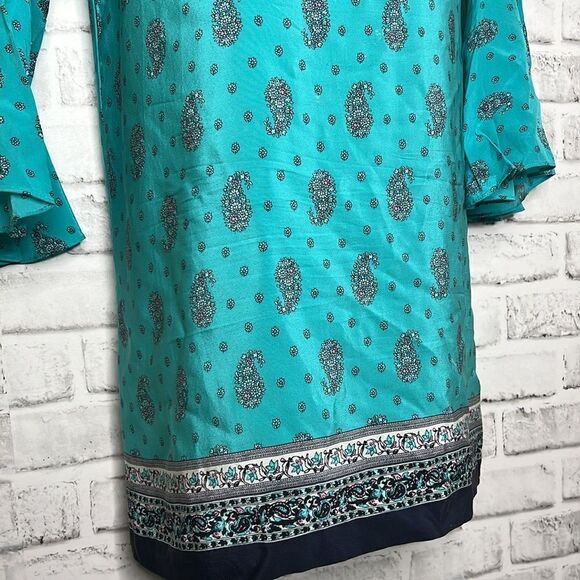 Juicy Couture 100% Silk Long Bell Sleeve Paisley Print Dress Size 6 Boho Hippie - Picture 4 of 12